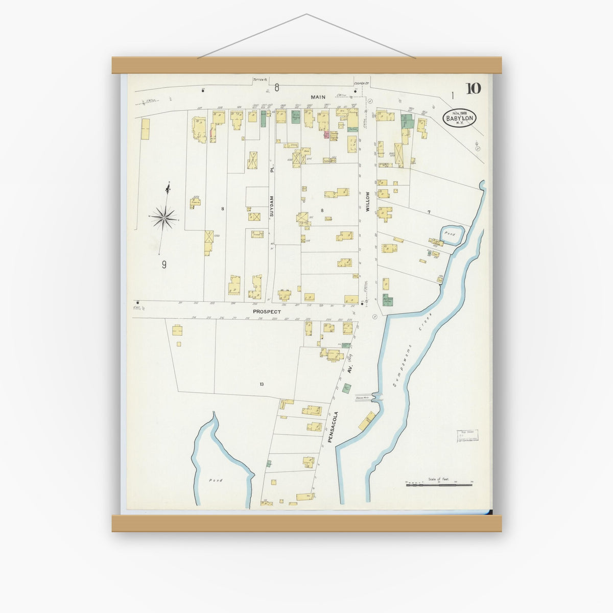 Old map wall art mockup — magnetic wood frame on white wall — Sanborn Fire Insurance Map from Babylon, Suffolk County, New York (1908), Sheet #0010