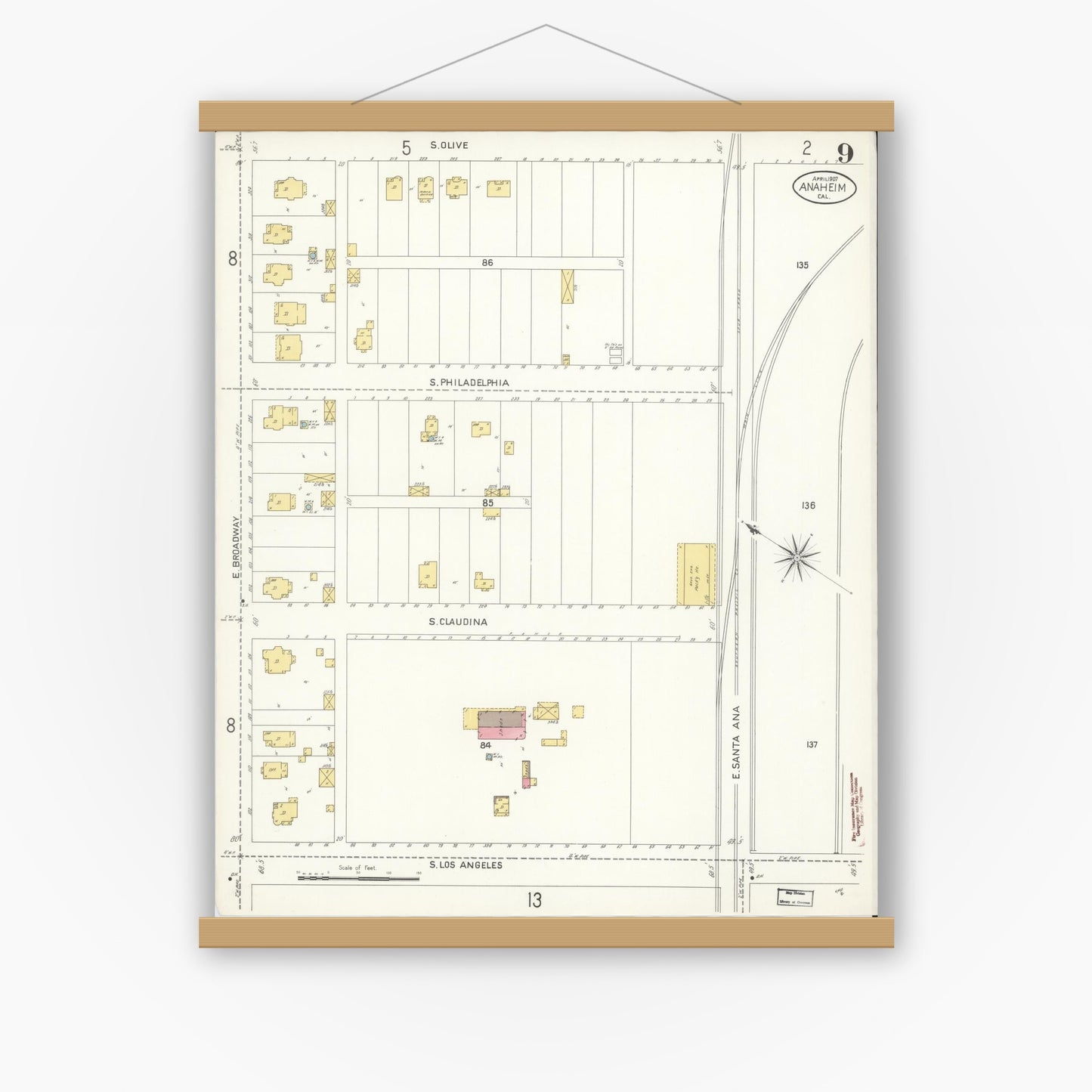 Old map wall art mockup — magnetic wood frame on white wall — Sanborn Fire Insurance Map from Anaheim, Orange County, California (1907), Sheet #0009
