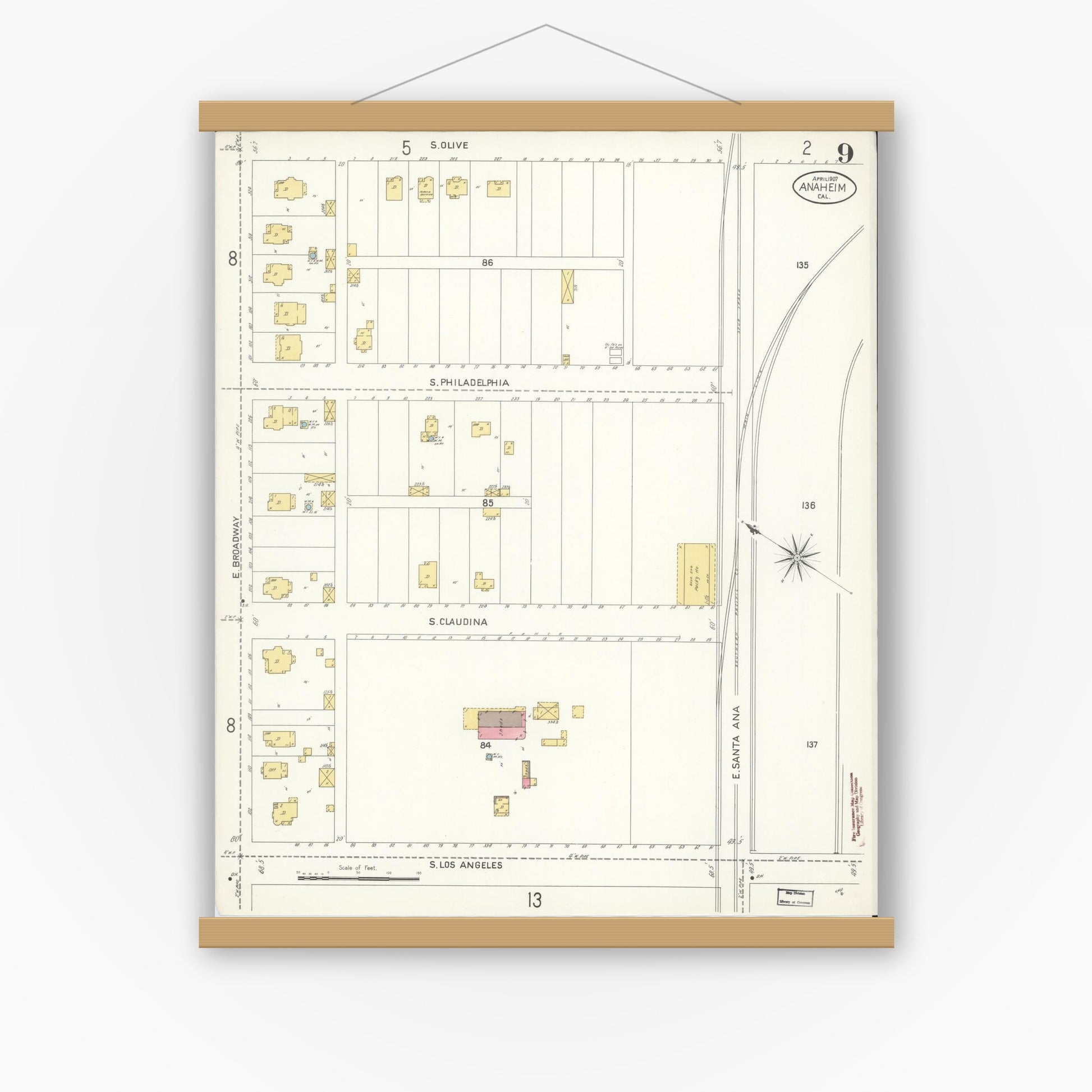 Old map wall art mockup — magnetic wood frame on white wall — Sanborn Fire Insurance Map from Anaheim, Orange County, California (1907), Sheet #0009