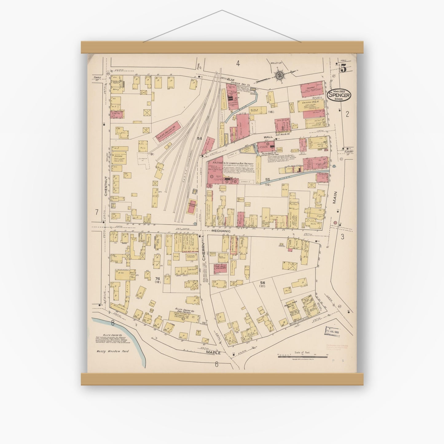 Old map wall art mockup — magnetic wood frame on white wall — Sanborn Fire Insurance Map from Spencer, Worcester County, Massachusetts (1922), Sheet #0005