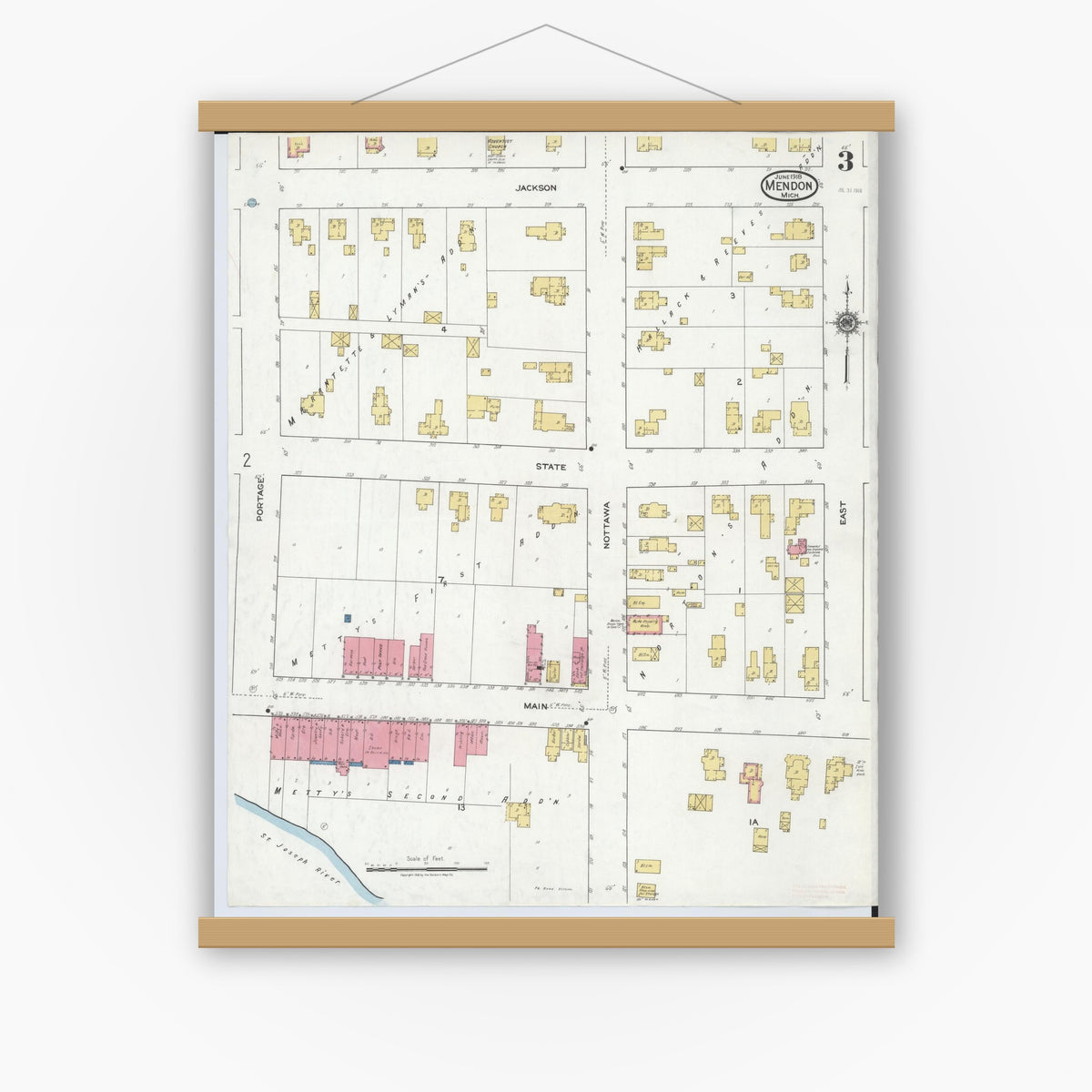 Old map wall art mockup — magnetic wood frame on white wall — Sanborn Fire Insurance Map from Mendon, Saint Joseph County, Michigan (1918), Sheet #0003