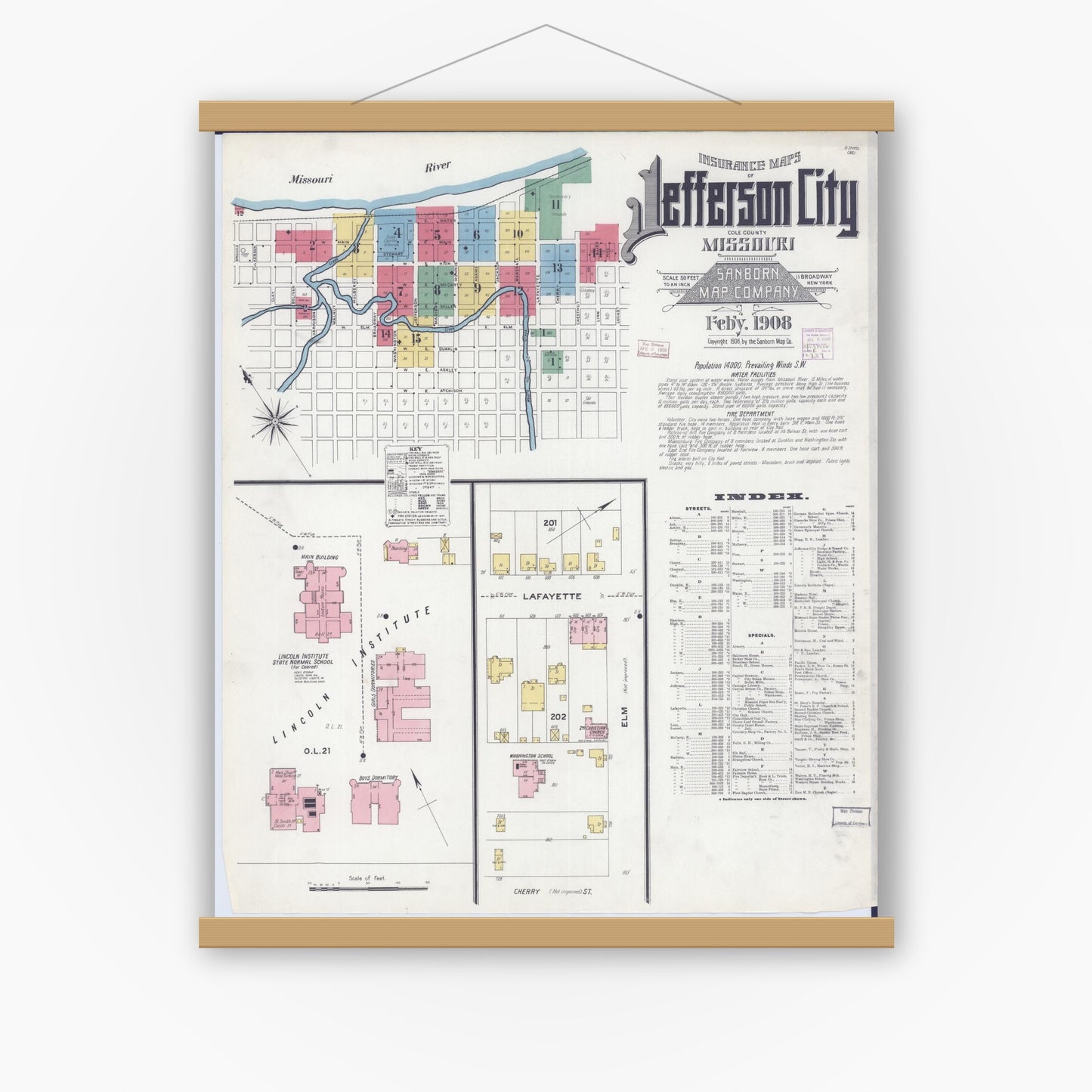 Old map wall art mockup — magnetic wood frame on white wall — Sanborn Fire Insurance Map from Jefferson City, Cole County, Missouri (1908), Sheet #0001