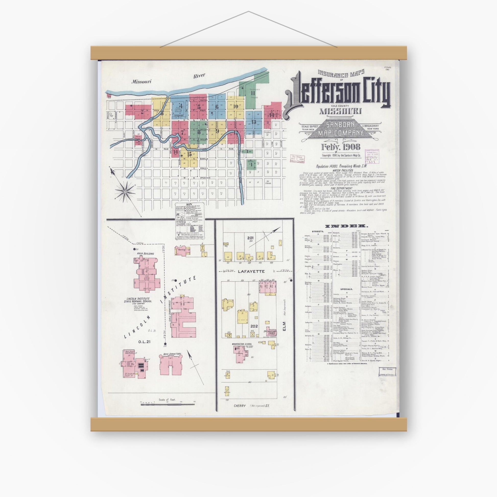 Old map wall art mockup — magnetic wood frame on white wall — Sanborn Fire Insurance Map from Jefferson City, Cole County, Missouri (1908), Sheet #0001