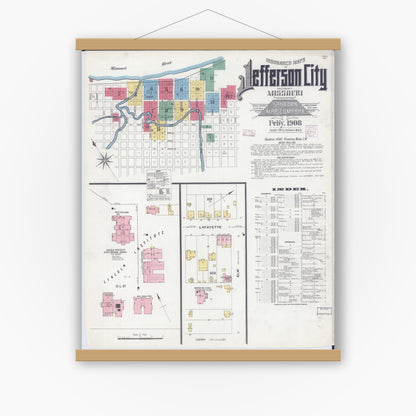 Old map wall art mockup — magnetic wood frame on white wall — Sanborn Fire Insurance Map from Jefferson City, Cole County, Missouri (1908), Sheet #0001
