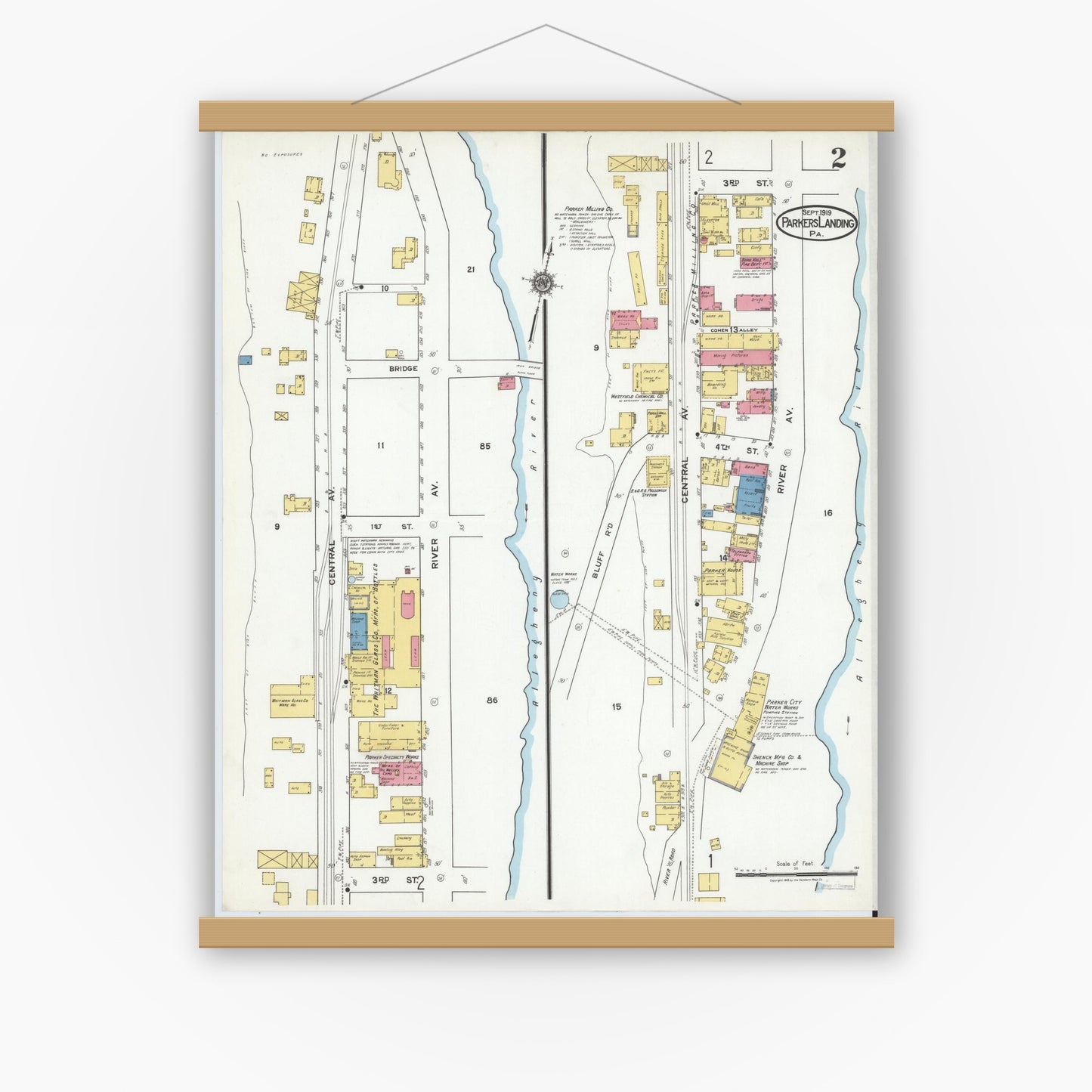 Old map wall art mockup — magnetic wood frame on white wall — Sanborn Fire Insurance Map from Parkers Landing, Armstrong County, Pennsylvania (1919), Sheet #0002