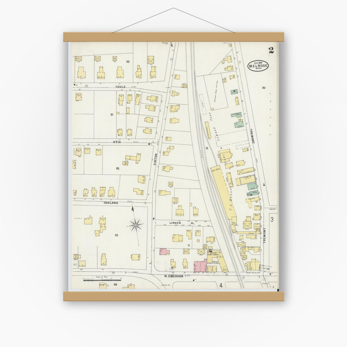 Old map wall art mockup — magnetic wood frame on white wall — Sanborn Fire Insurance Map from Melrose, Middlesex County, Massachusetts (1897), Sheet #0002