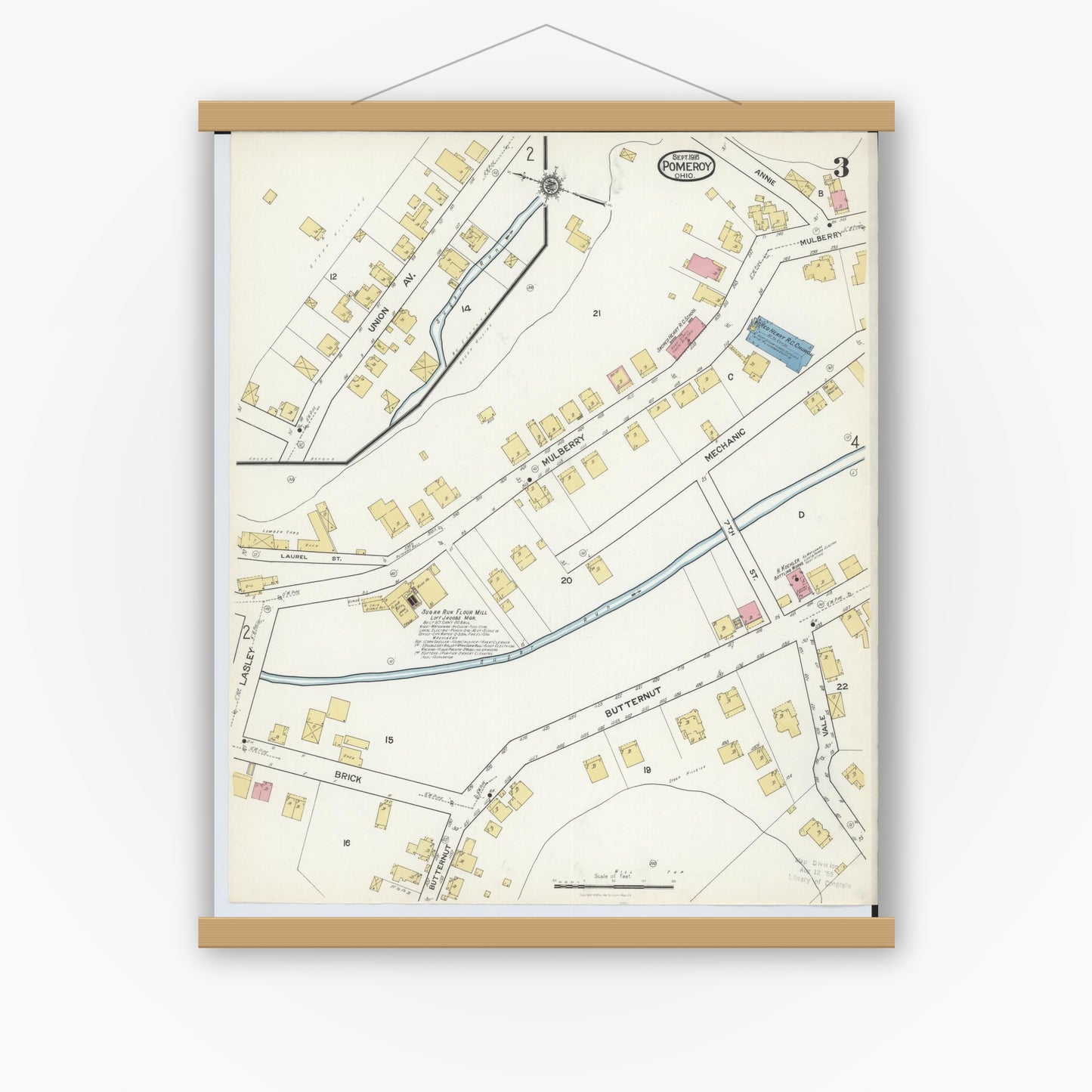 Old map wall art mockup — magnetic wood frame on white wall — Sanborn Fire Insurance Map from Pomeroy, Meigs County, Ohio (1916), Sheet #0003