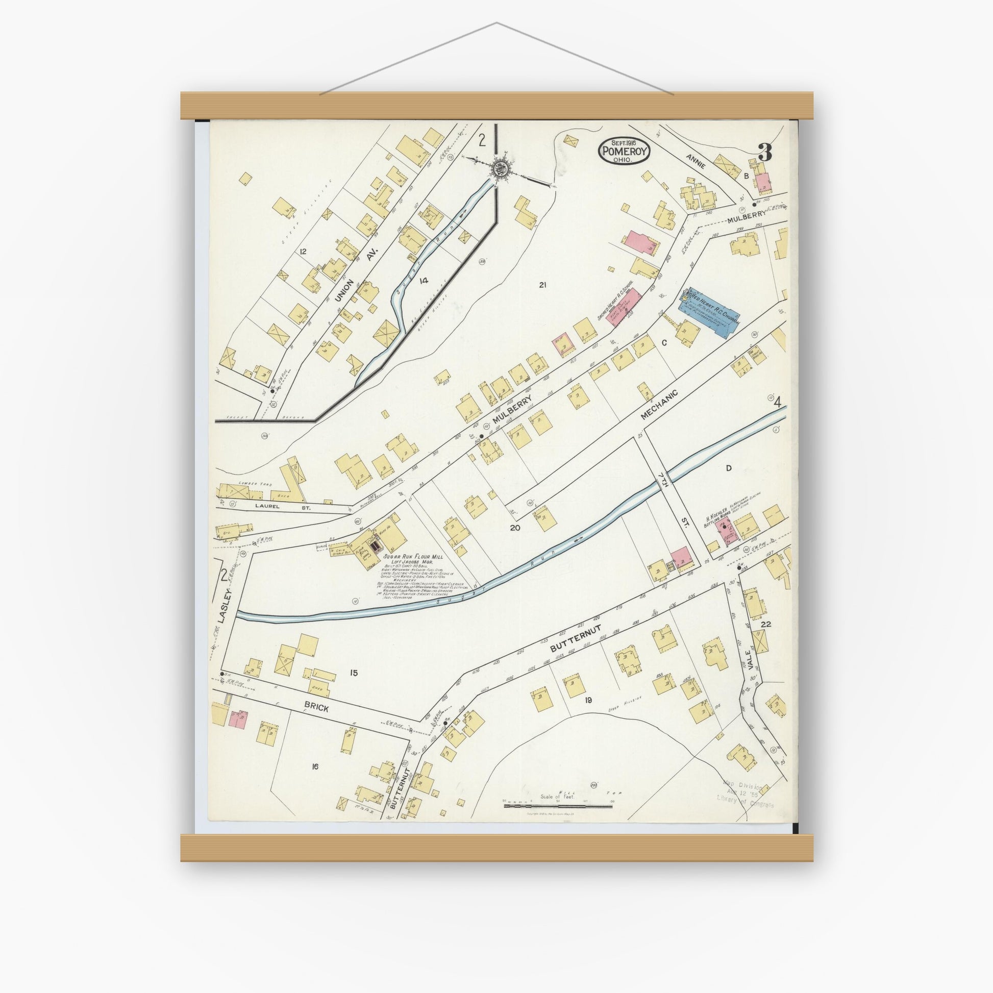 Old map wall art mockup — magnetic wood frame on white wall — Sanborn Fire Insurance Map from Pomeroy, Meigs County, Ohio (1916), Sheet #0003