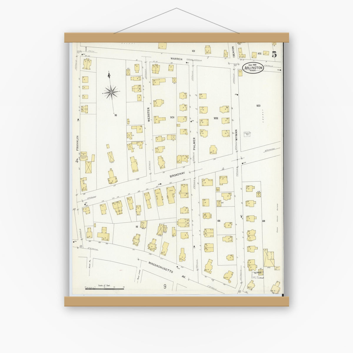 Old map wall art mockup — magnetic wood frame on white wall — Sanborn Fire Insurance Map from Arlington, Middlesex County, Massachusetts (1908), Sheet #0005