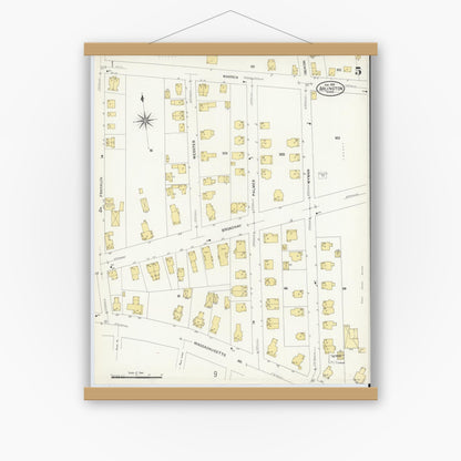 Old map wall art mockup — magnetic wood frame on white wall — Sanborn Fire Insurance Map from Arlington, Middlesex County, Massachusetts (1908), Sheet #0005