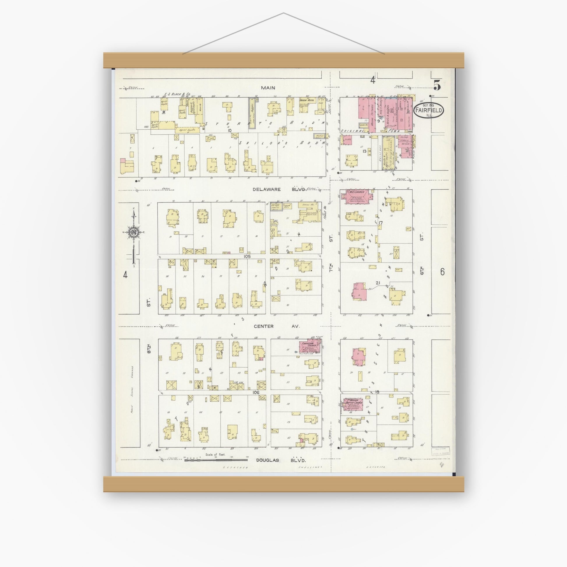 Old map wall art mockup — magnetic wood frame on white wall — Sanborn Fire Insurance Map from Fairfield, Wayne County, Illinois (1913), Sheet #0005