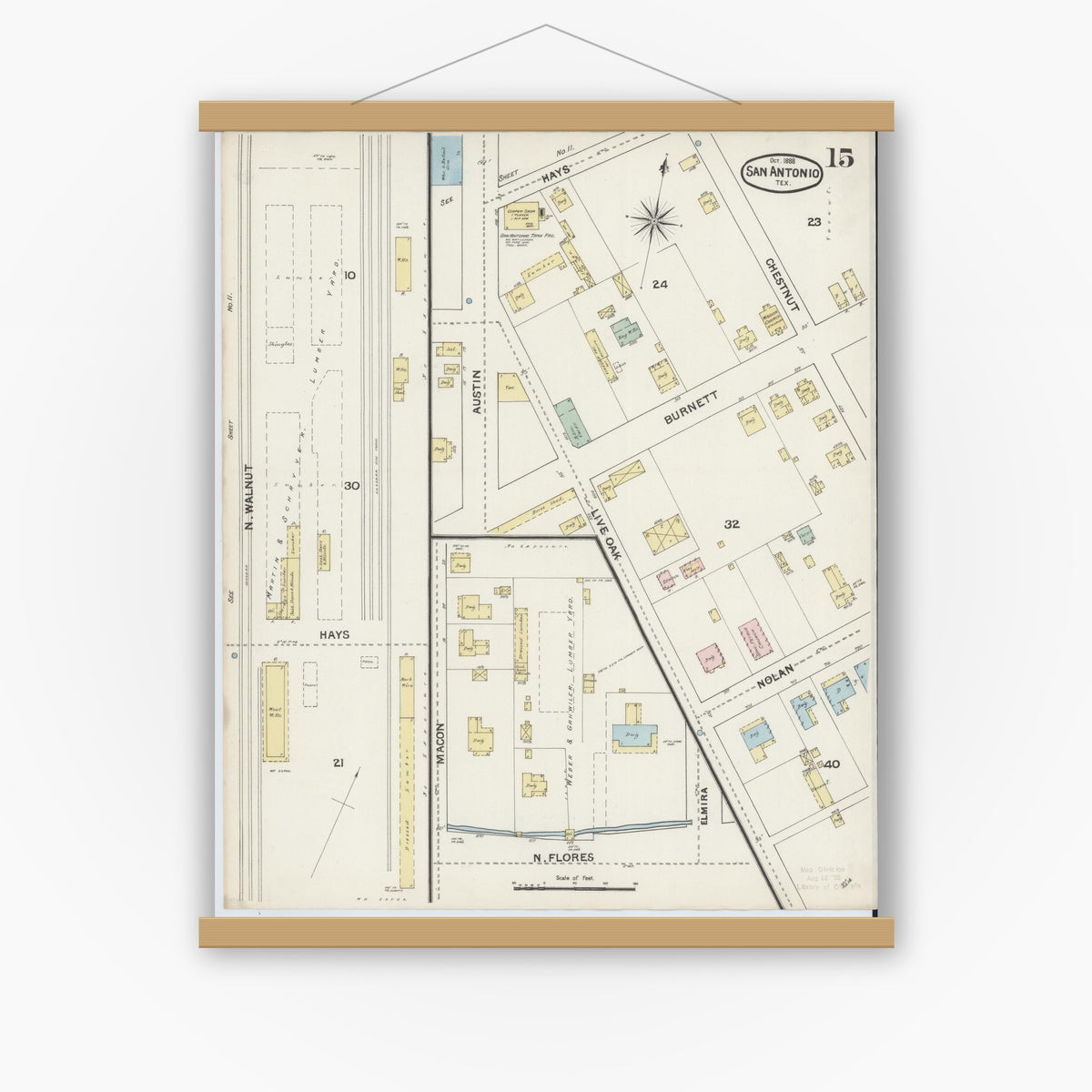 Old map wall art mockup — magnetic wood frame on white wall — Sanborn Fire Insurance Map from San Antonio, Bexar County, Texas (1888), Sheet #0015