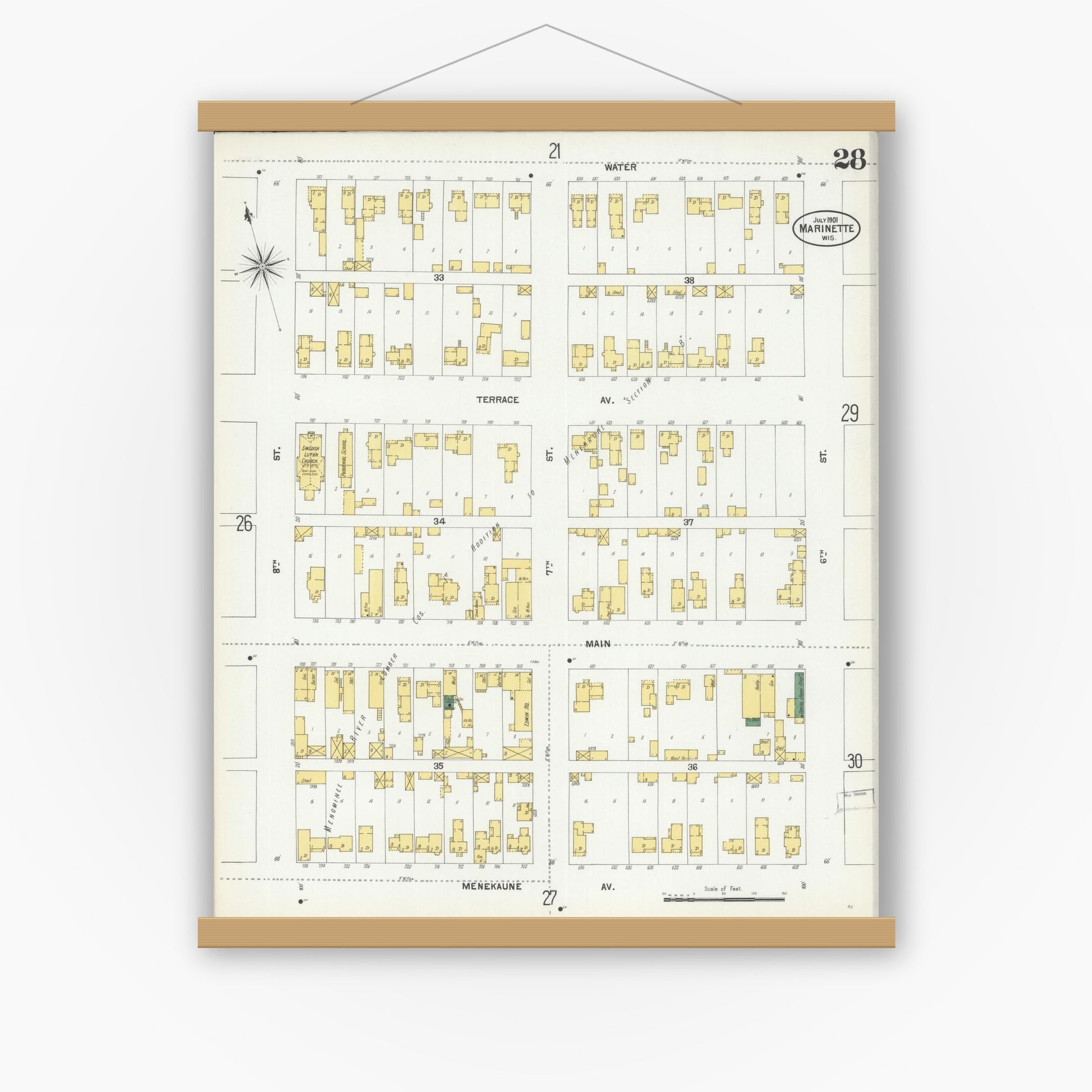 Old map wall art mockup — magnetic wood frame on white wall — Sanborn Fire Insurance Map from Marinette, Marinette County, Wisconsin (1901), Sheet #0028