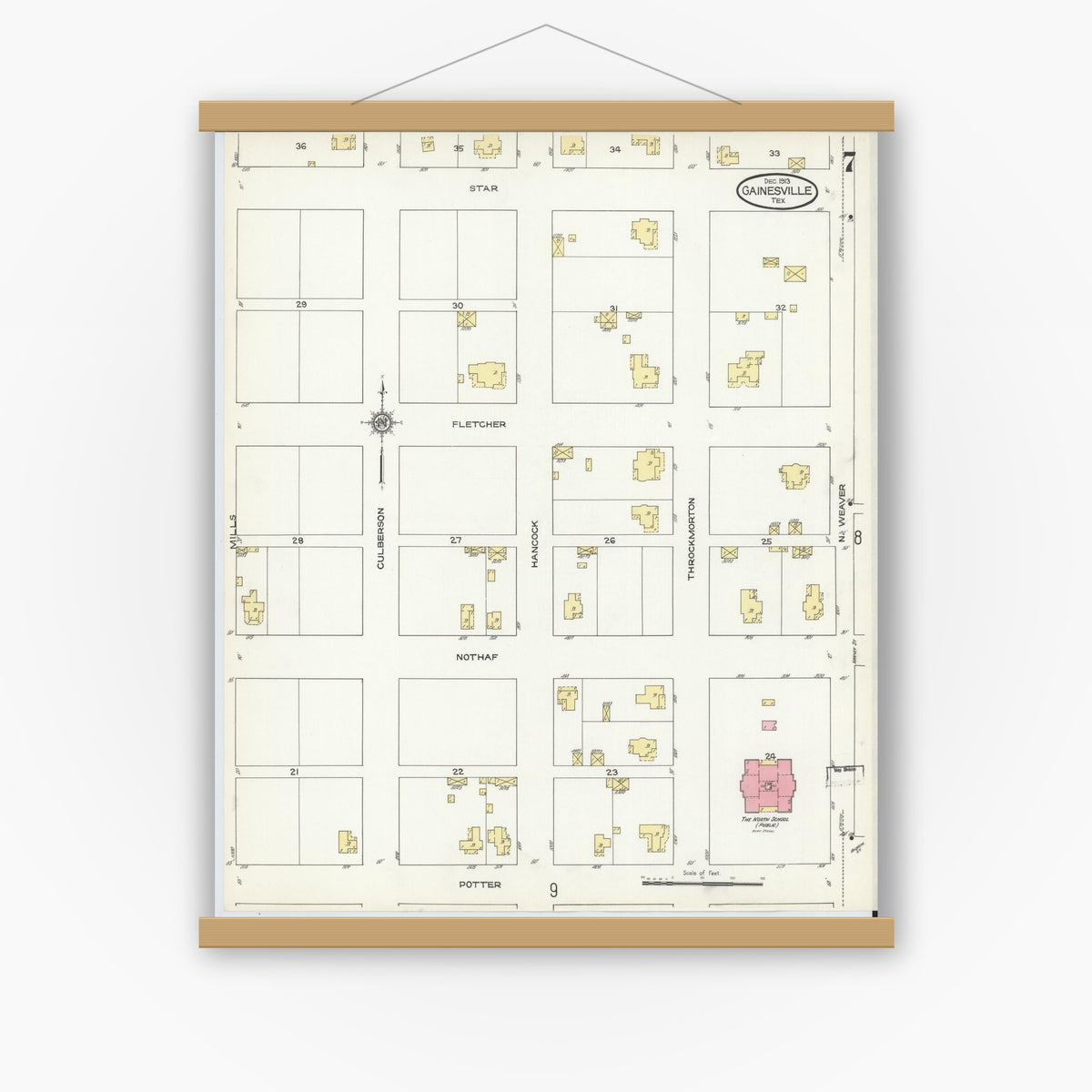 Old map wall art mockup — magnetic wood frame on white wall — Sanborn Fire Insurance Map from Gainesville, Cooke County, Texas (1913), Sheet #0007