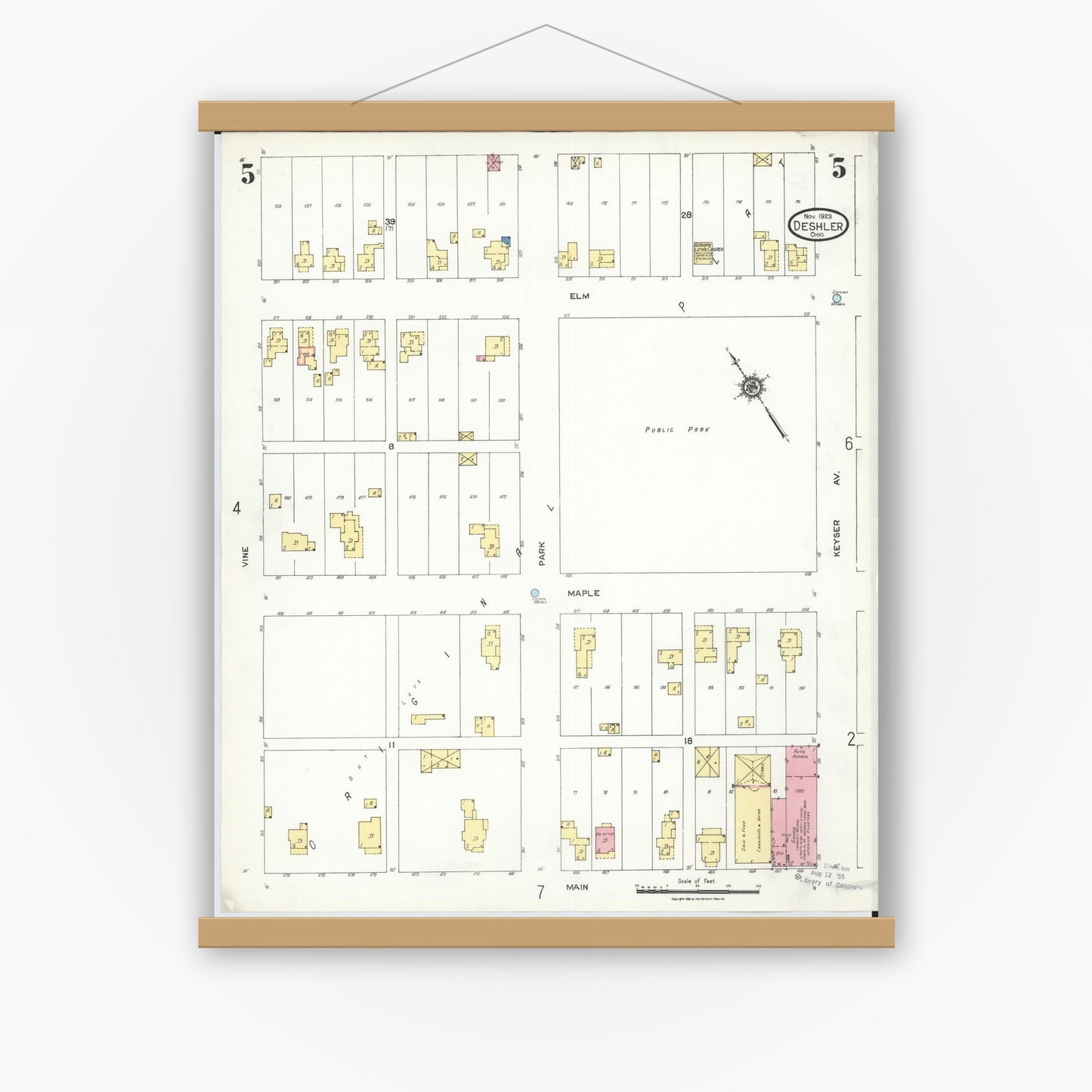 Old map wall art mockup — magnetic wood frame on white wall — Sanborn Fire Insurance Map from Deshler, Henry County, Ohio (1923), Sheet #0005