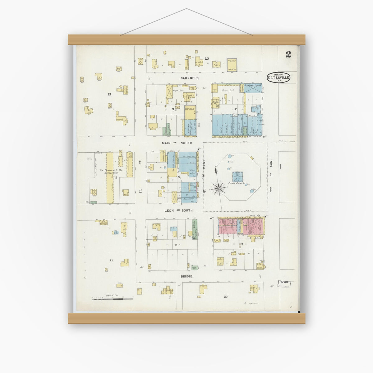 Old map wall art mockup — magnetic wood frame on white wall — Sanborn Fire Insurance Map from Gatesville, Coryell County, Texas (1896), Sheet #0002
