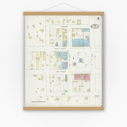 Old map wall art mockup — magnetic wood frame on white wall — Sanborn Fire Insurance Map from Gatesville, Coryell County, Texas (1896), Sheet #0002