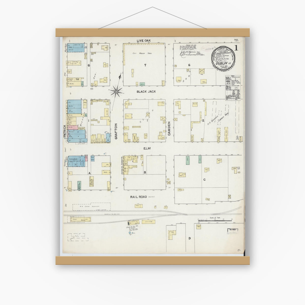 Old map wall art mockup — magnetic wood frame on white wall — Sanborn Fire Insurance Map from Dublin, Erath County, Texas (1891) - Complete Map Set