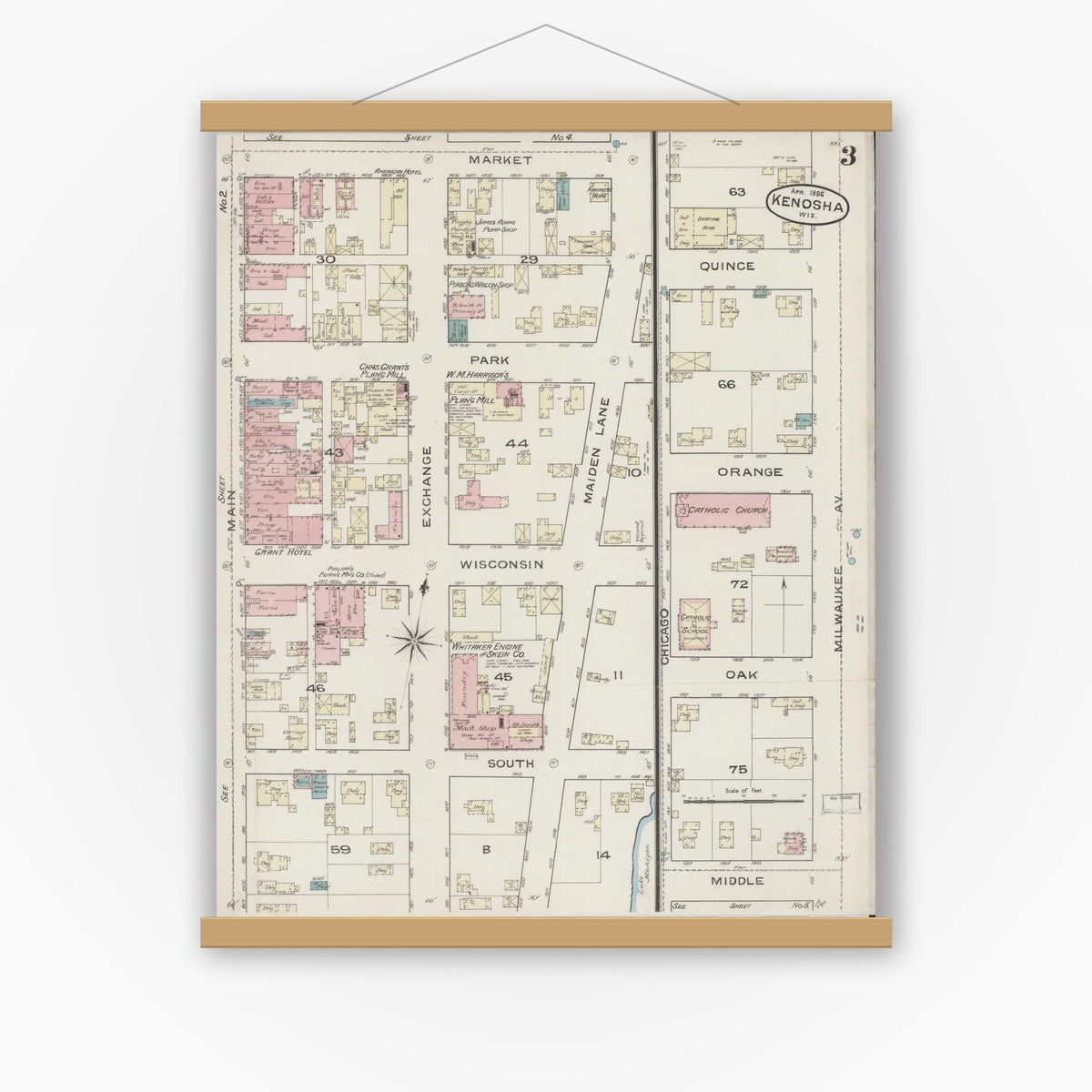 Old map wall art mockup — magnetic wood frame on white wall — Sanborn Fire Insurance Map from Kenosha, Kenosha County, Wisconsin (1886) - Complete Map Set