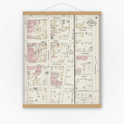 Old map wall art mockup — magnetic wood frame on white wall — Sanborn Fire Insurance Map from Kenosha, Kenosha County, Wisconsin (1886) - Complete Map Set