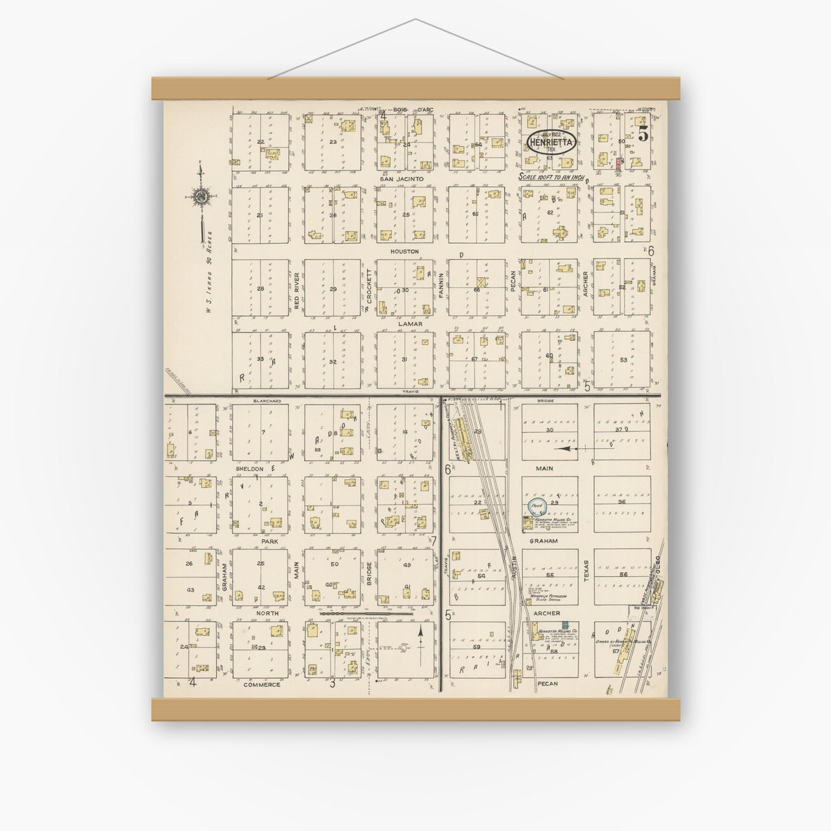 Old map wall art mockup — magnetic wood frame on white wall — Sanborn Fire Insurance Map from Henrietta, Clay County, Texas (1922), Sheet #0005