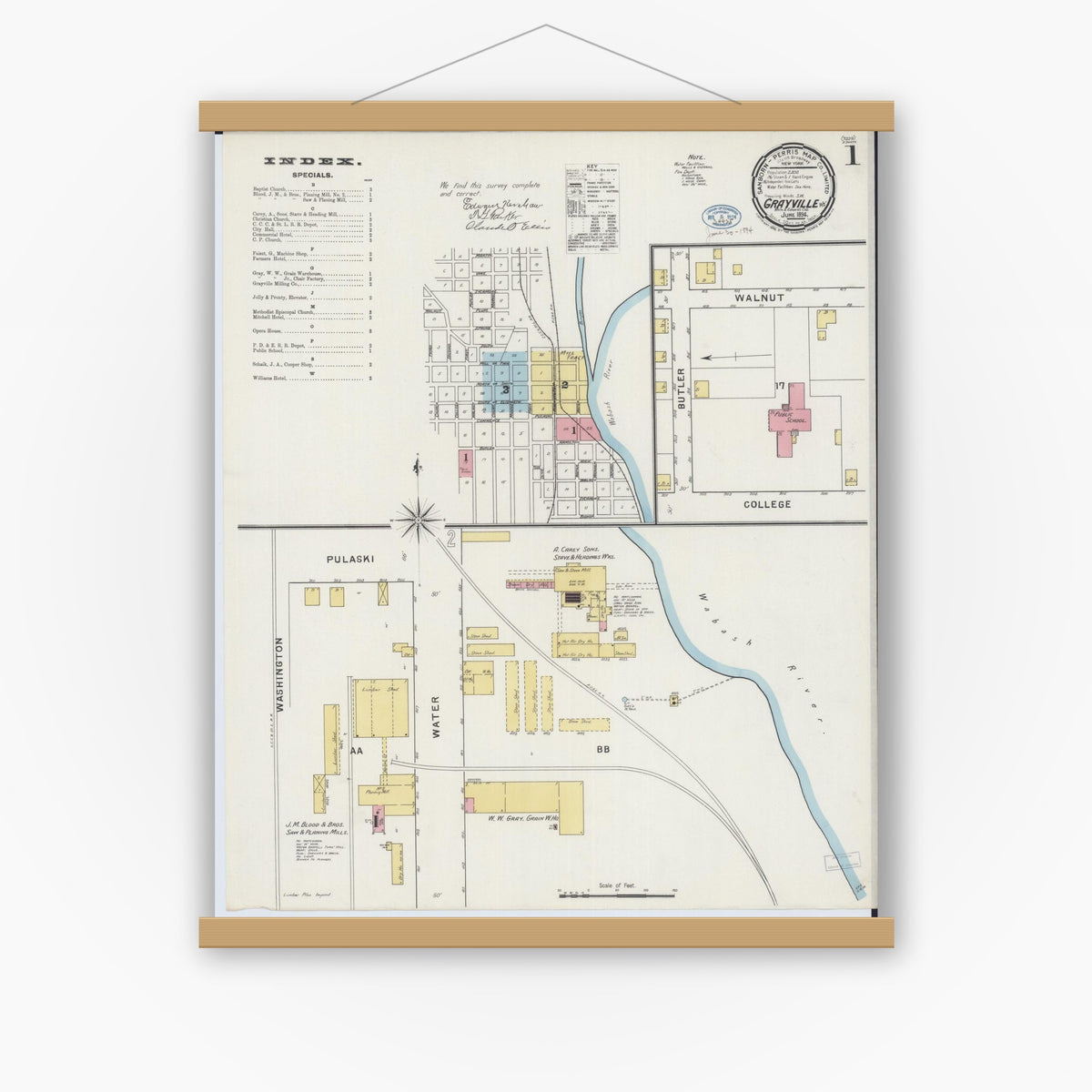 Old map wall art mockup — magnetic wood frame on white wall — Sanborn Fire Insurance Map from Grayville, White And Edwards Counties, Illinois (1894) - Complete Map Set