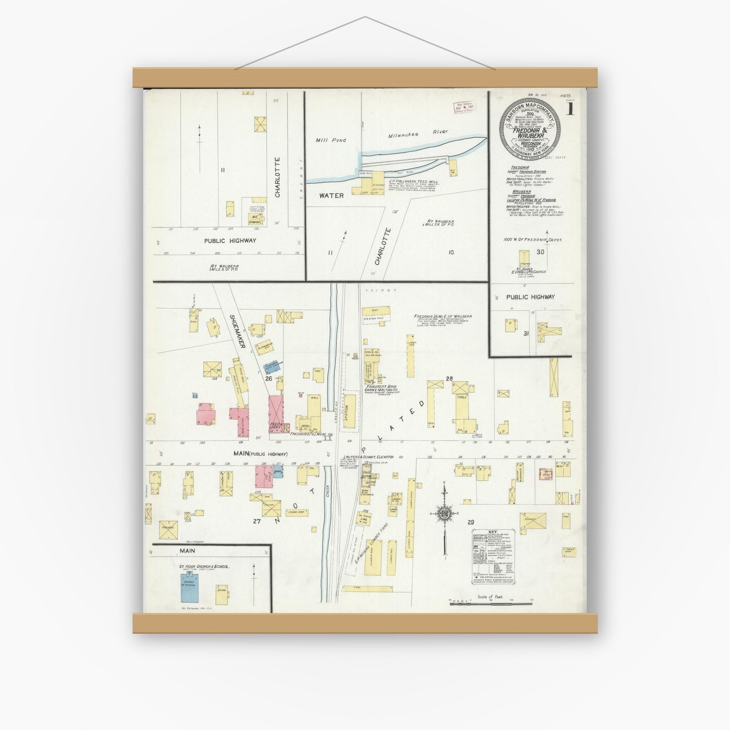 Old map wall art mockup — magnetic wood frame on white wall — Sanborn Fire Insurance Map from Fredonia, Ozaukee County, Wisconsin (1910), Sheet #0001