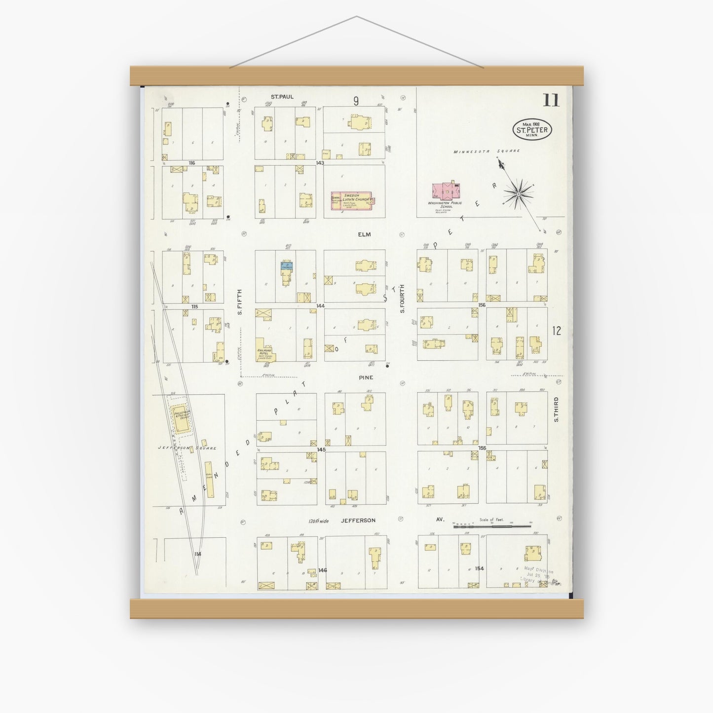 Old map wall art mockup — magnetic wood frame on white wall — Sanborn Fire Insurance Map from Saint Peter, Nicollet County, Minnesota (1908), Sheet #0011