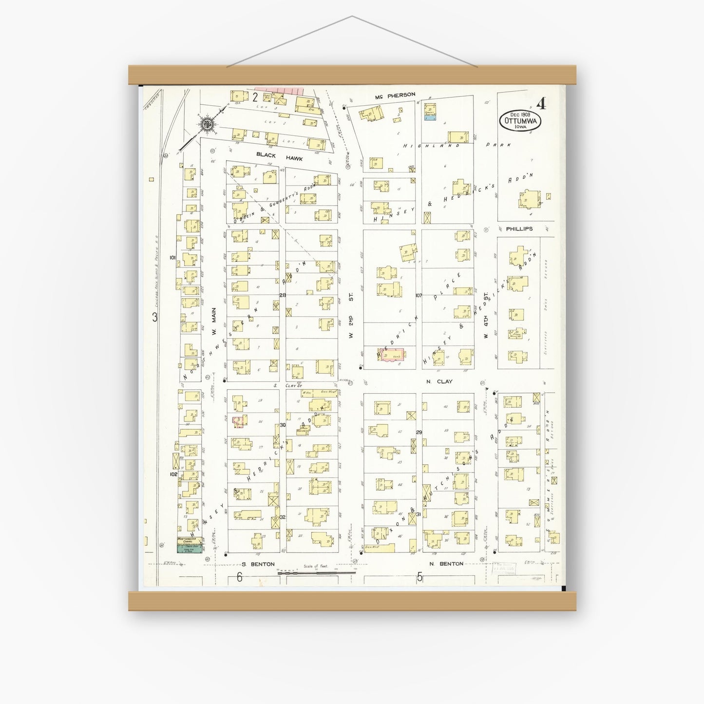 Old map wall art mockup — magnetic wood frame on white wall — Sanborn Fire Insurance Map from Ottumwa, Wapello County, Iowa (1909), Sheet #0004