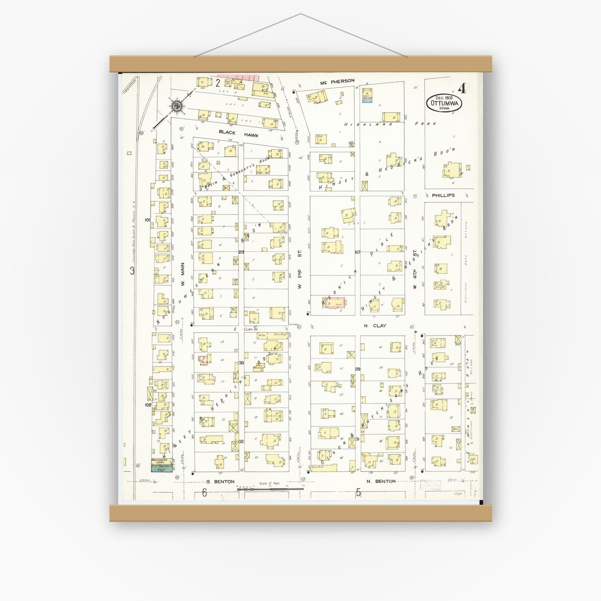 Old map wall art mockup — magnetic wood frame on white wall — Sanborn Fire Insurance Map from Ottumwa, Wapello County, Iowa (1909), Sheet #0004