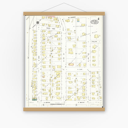 Old map wall art mockup — magnetic wood frame on white wall — Sanborn Fire Insurance Map from Ottumwa, Wapello County, Iowa (1909), Sheet #0004