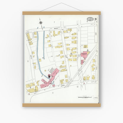 Old map wall art mockup — magnetic wood frame on white wall — Sanborn Fire Insurance Map from Clinton, Worcester County, Massachusetts (1919), Sheet #0009