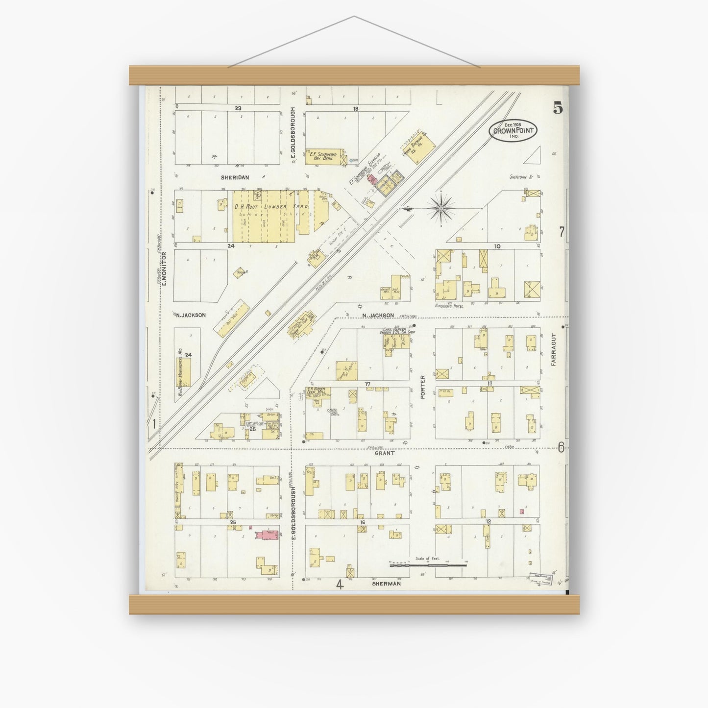 Old map wall art mockup — magnetic wood frame on white wall — Sanborn Fire Insurance Map from Crown Point, Lake County, Indiana (1905), Sheet #0005