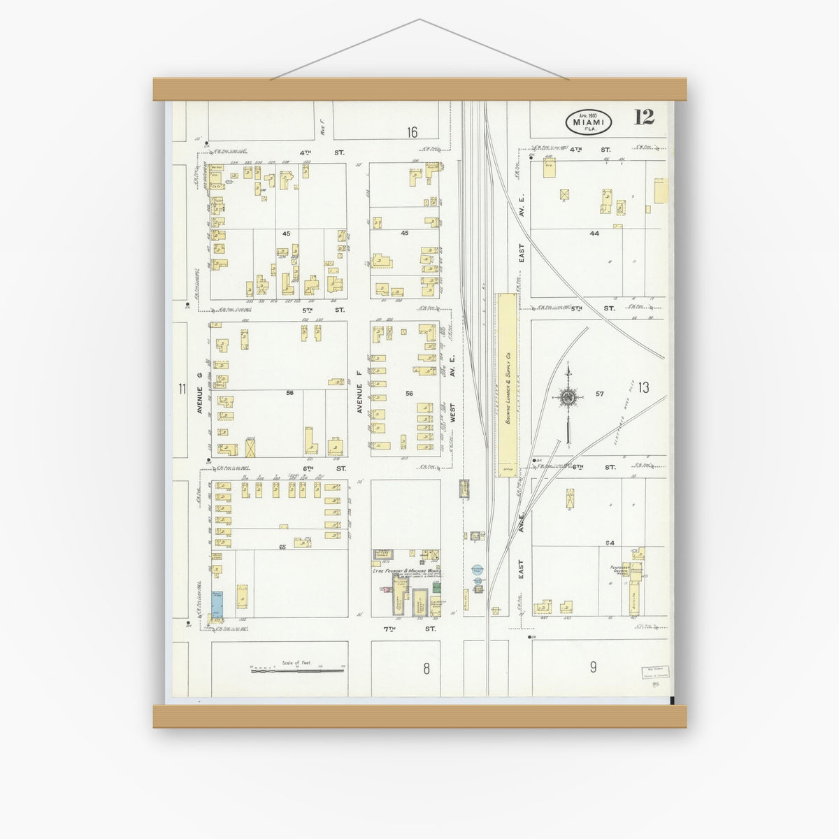 Old map wall art mockup — magnetic wood frame on white wall — Sanborn Fire Insurance Map from Miami, Dade County, Florida (1910), Sheet #0012