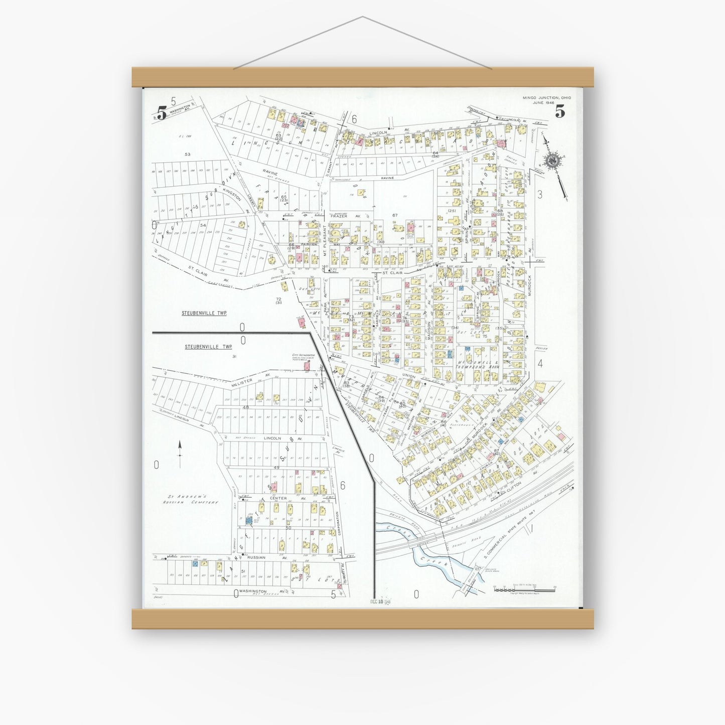 Old map wall art mockup — magnetic wood frame on white wall — Sanborn Fire Insurance Map from Mingo Junction, Jefferson County, Ohio (1946), Sheet #0005