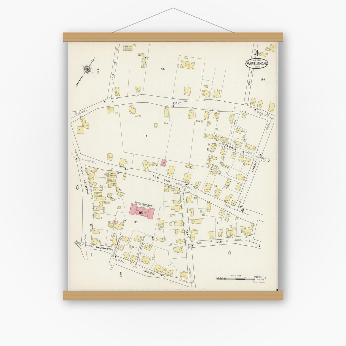 Old map wall art mockup — magnetic wood frame on white wall — Sanborn Fire Insurance Map from Marblehead, Essex County, Massachusetts (1915), Sheet #0004