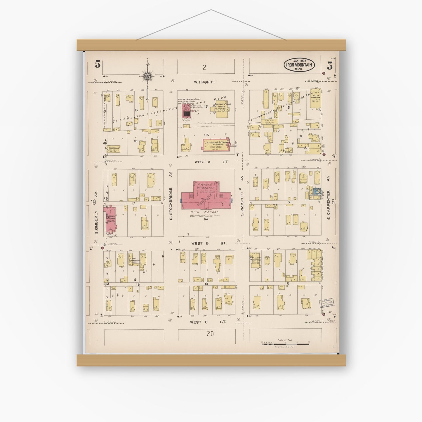 Old map wall art mockup — magnetic wood frame on white wall — Sanborn Fire Insurance Map from Iron Mountain, Dickinson County, Michigan (1923), Sheet #0005