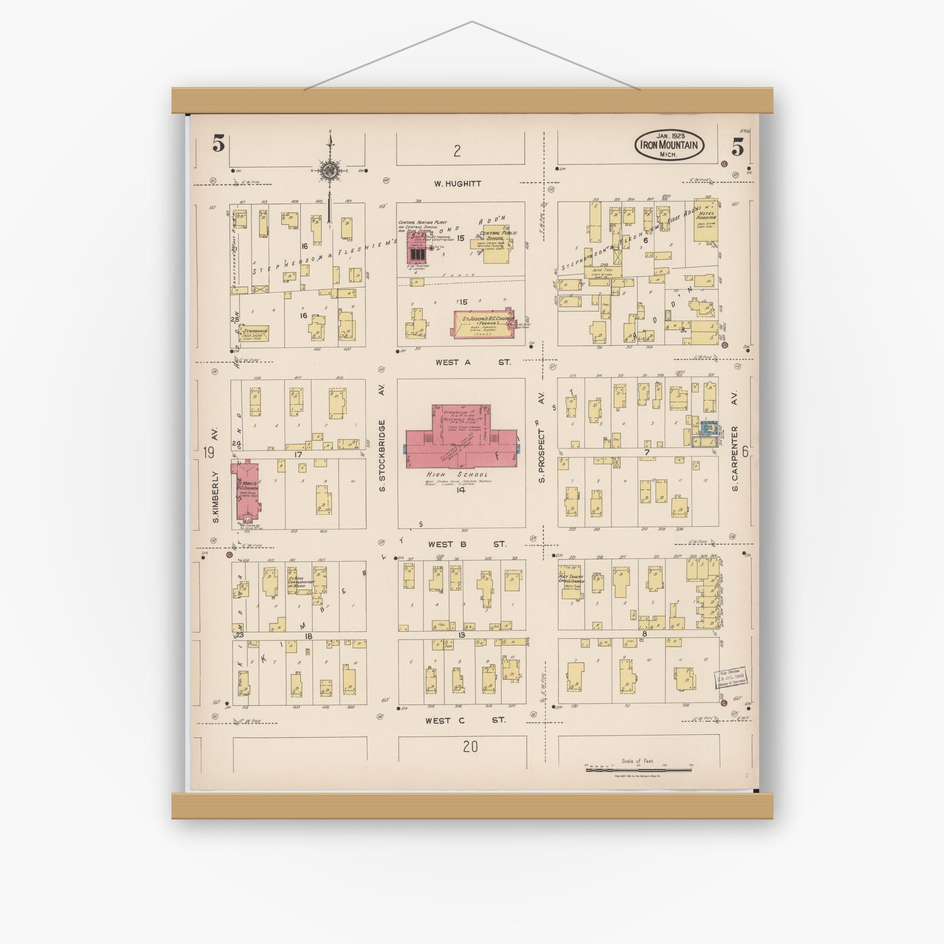 Old map wall art mockup — magnetic wood frame on white wall — Sanborn Fire Insurance Map from Iron Mountain, Dickinson County, Michigan (1923), Sheet #0005