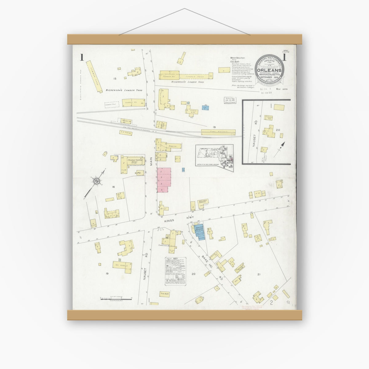 Old map wall art mockup — magnetic wood frame on white wall — Sanborn Fire Insurance Map from Orleans, Barnstable County, Massachusetts (1929), Sheet #0001