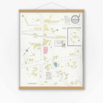 Old map wall art mockup — magnetic wood frame on white wall — Sanborn Fire Insurance Map from Orleans, Barnstable County, Massachusetts (1929), Sheet #0001