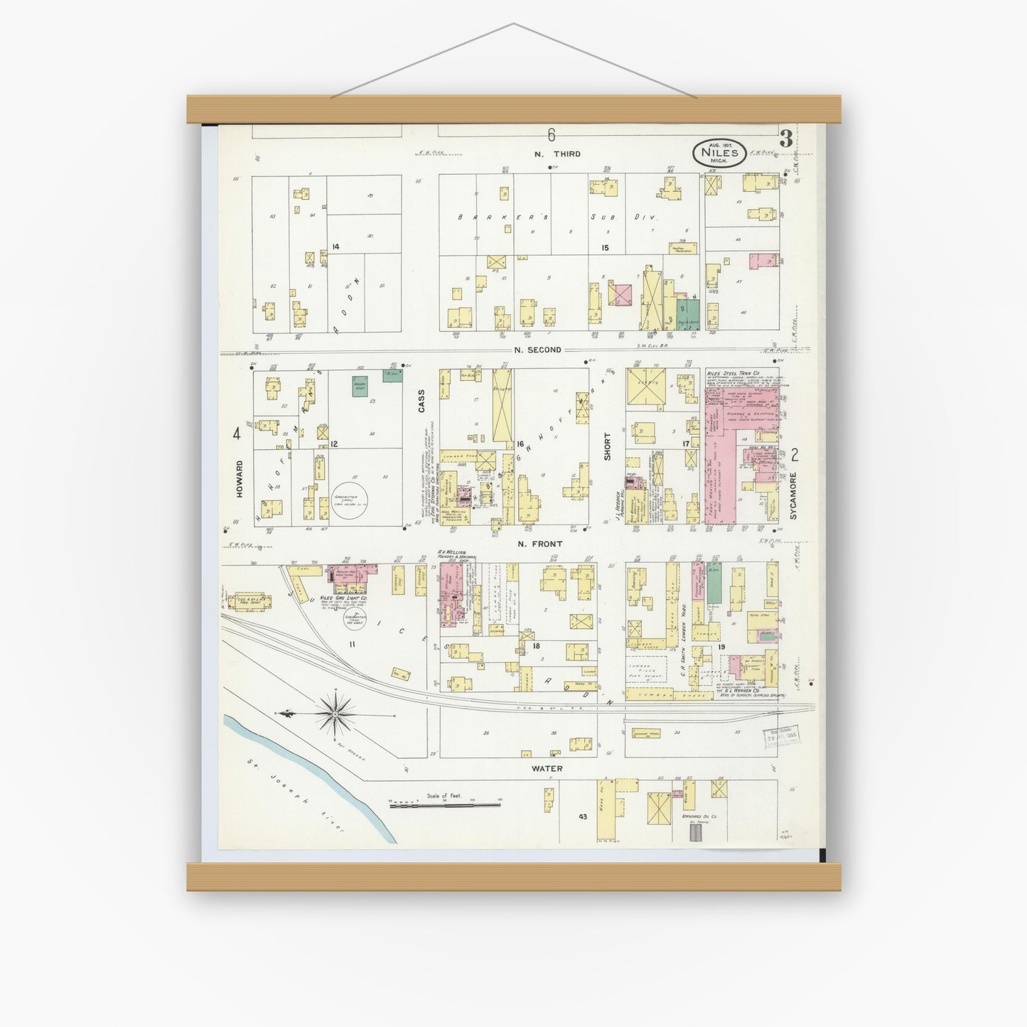 Old map wall art mockup — magnetic wood frame on white wall — Sanborn Fire Insurance Map from Niles, Berrien County, Michigan (1907), Sheet #0003