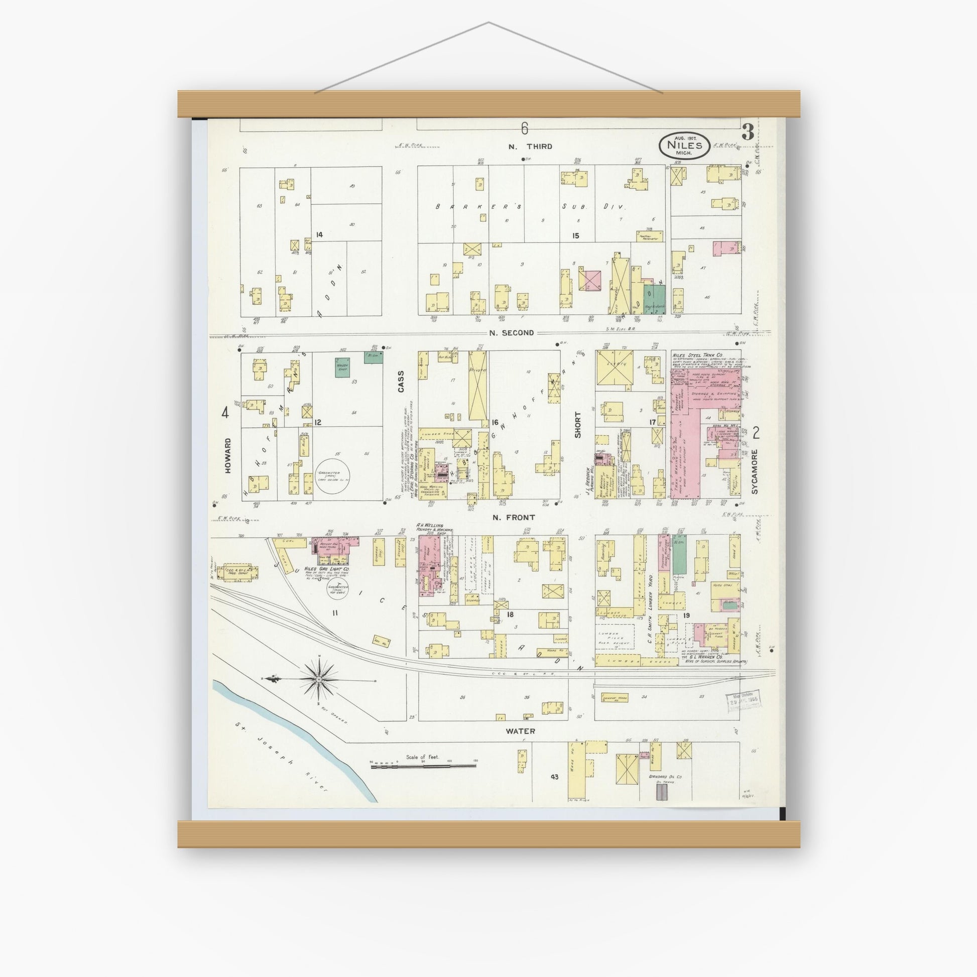 Old map wall art mockup — magnetic wood frame on white wall — Sanborn Fire Insurance Map from Niles, Berrien County, Michigan (1907), Sheet #0003