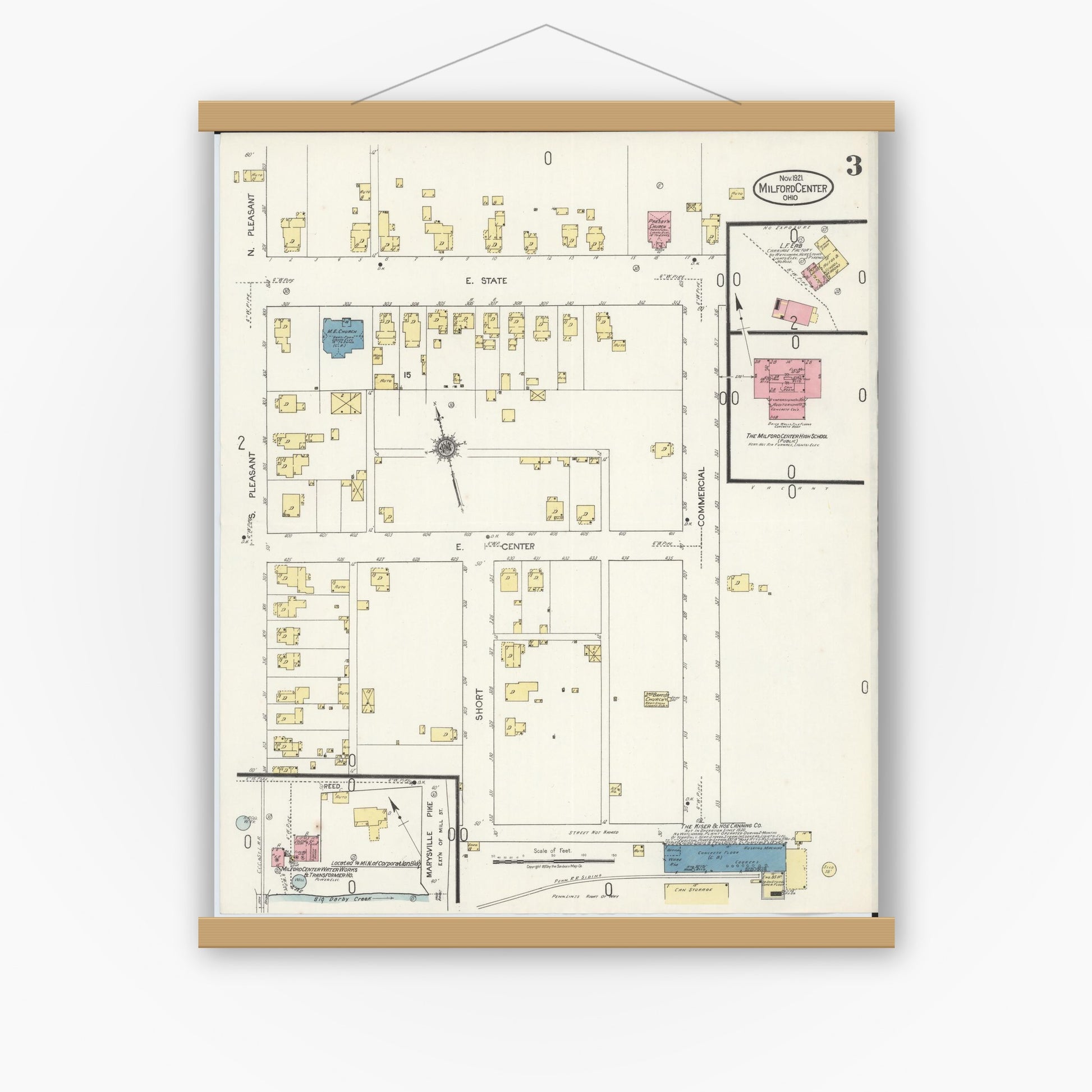 Old map wall art mockup — magnetic wood frame on white wall — Sanborn Fire Insurance Map from Milford Center, Union County, Ohio (1921), Sheet #0003