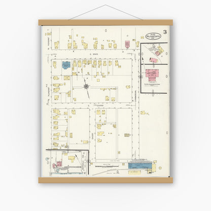Old map wall art mockup — magnetic wood frame on white wall — Sanborn Fire Insurance Map from Milford Center, Union County, Ohio (1921), Sheet #0003