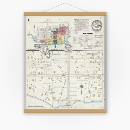 Old map wall art mockup — magnetic wood frame on white wall — Sanborn Fire Insurance Map from Palmetto, Manatee County, Florida (1923), Sheet #0001