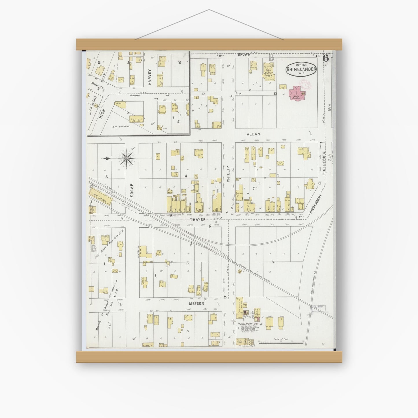 Old map wall art mockup — magnetic wood frame on white wall — Sanborn Fire Insurance Map from Rhinelander, Oneida County, Wisconsin (1894), Sheet #0006