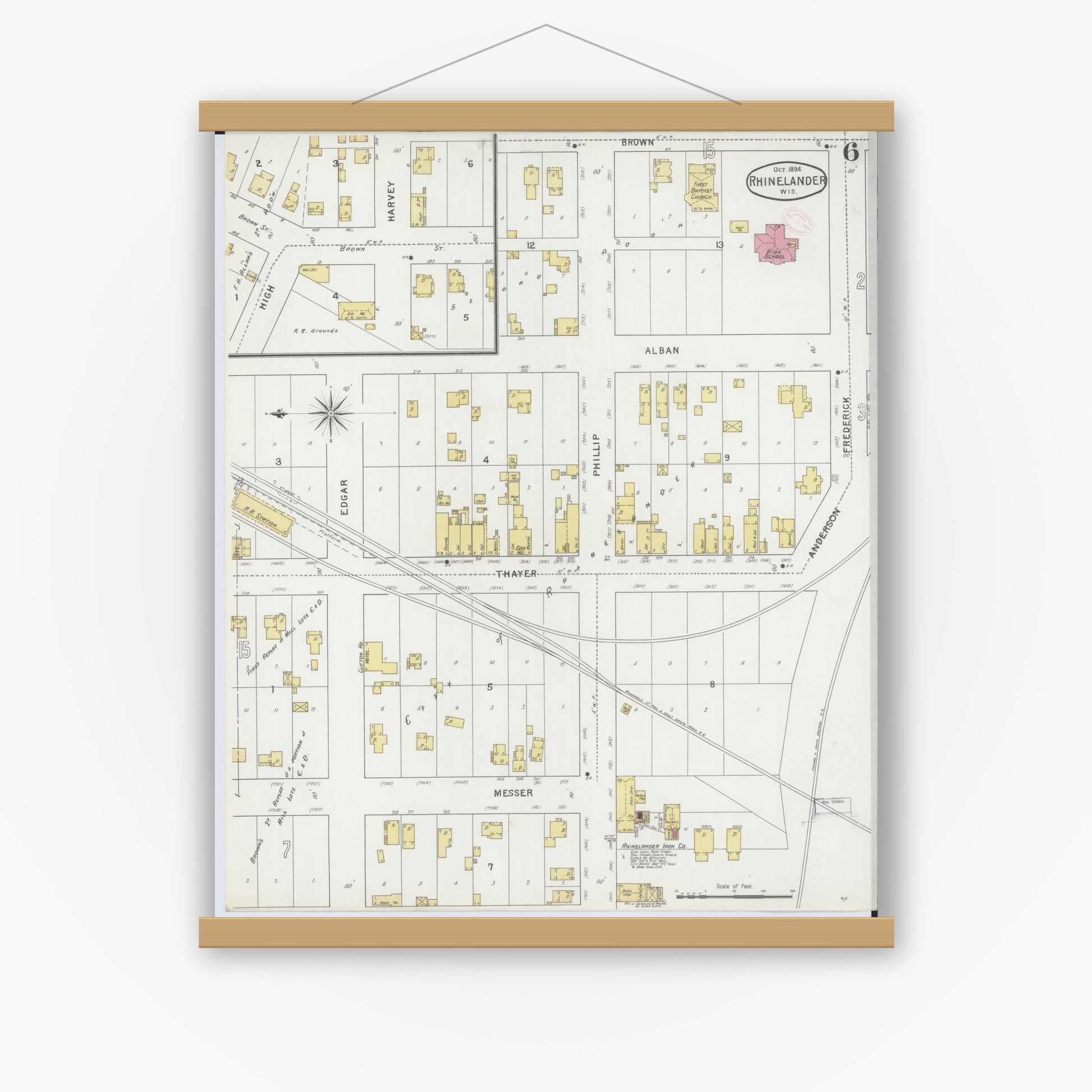 Old map wall art mockup — magnetic wood frame on white wall — Sanborn Fire Insurance Map from Rhinelander, Oneida County, Wisconsin (1894), Sheet #0006