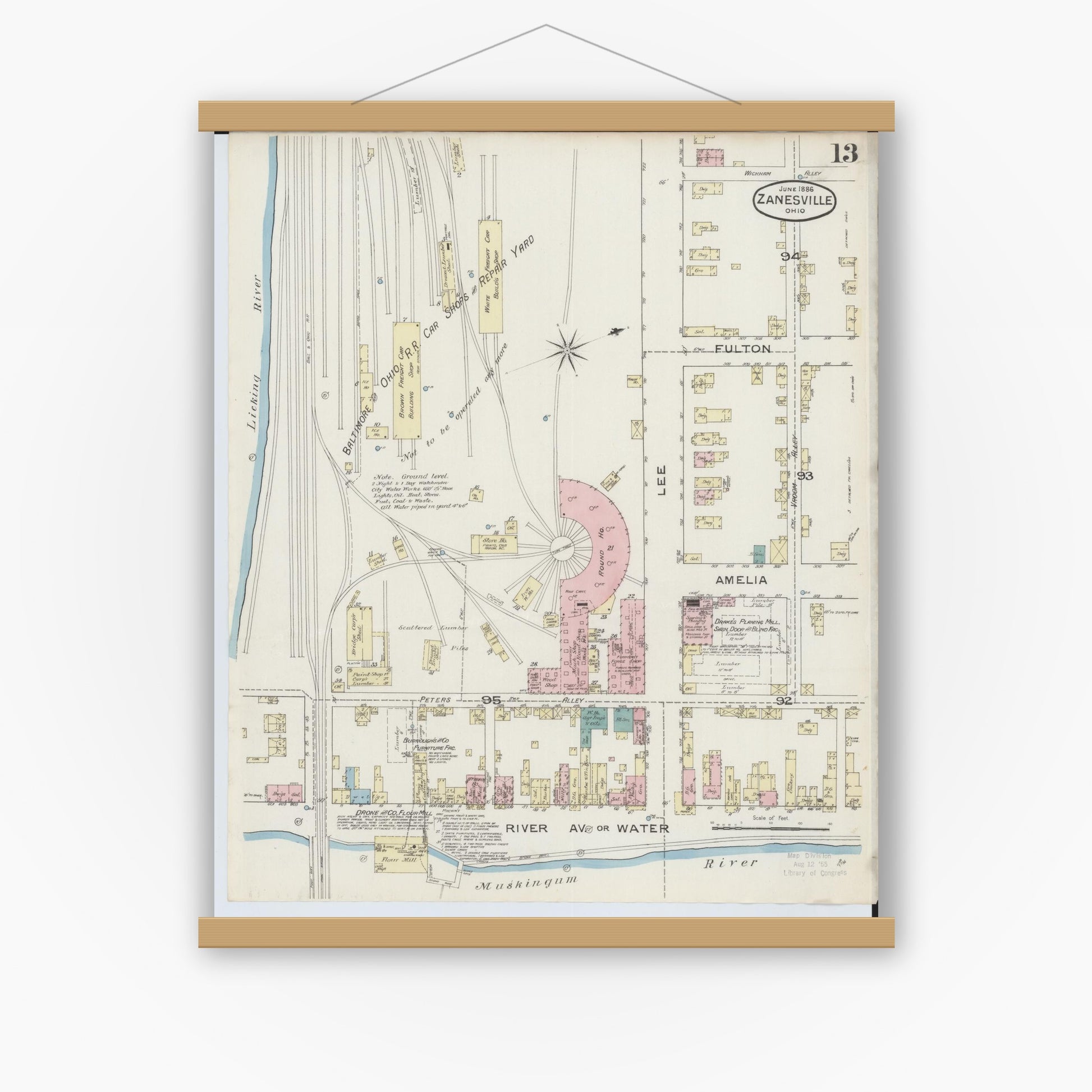 Old map wall art mockup — magnetic wood frame on white wall — Sanborn Fire Insurance Map from Zanesville, Muskingum County, Ohio (1886), Sheet #0013