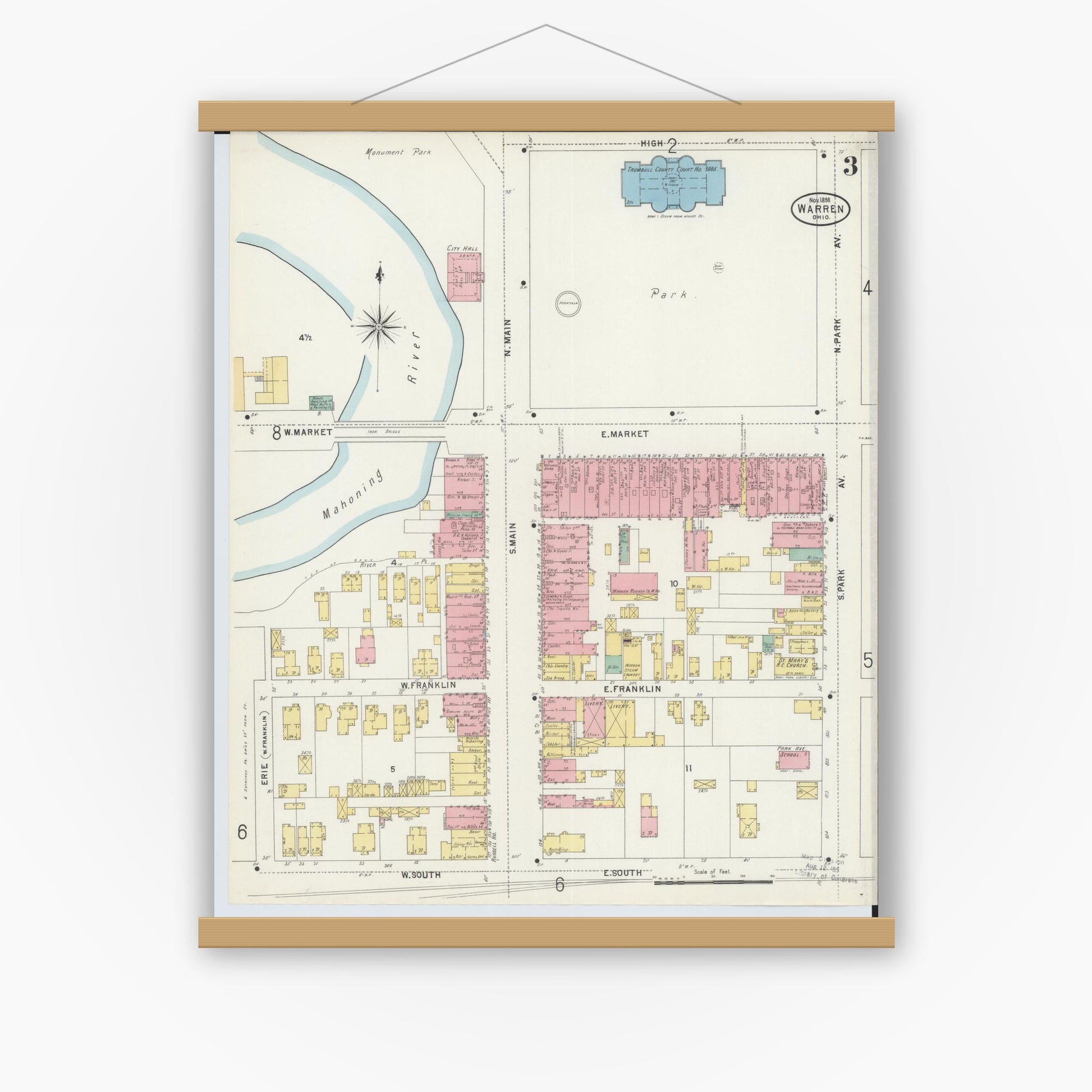 Old map wall art mockup — magnetic wood frame on white wall — Sanborn Fire Insurance Map from Warren, Trumbull County, Ohio (1898), Sheet #0003