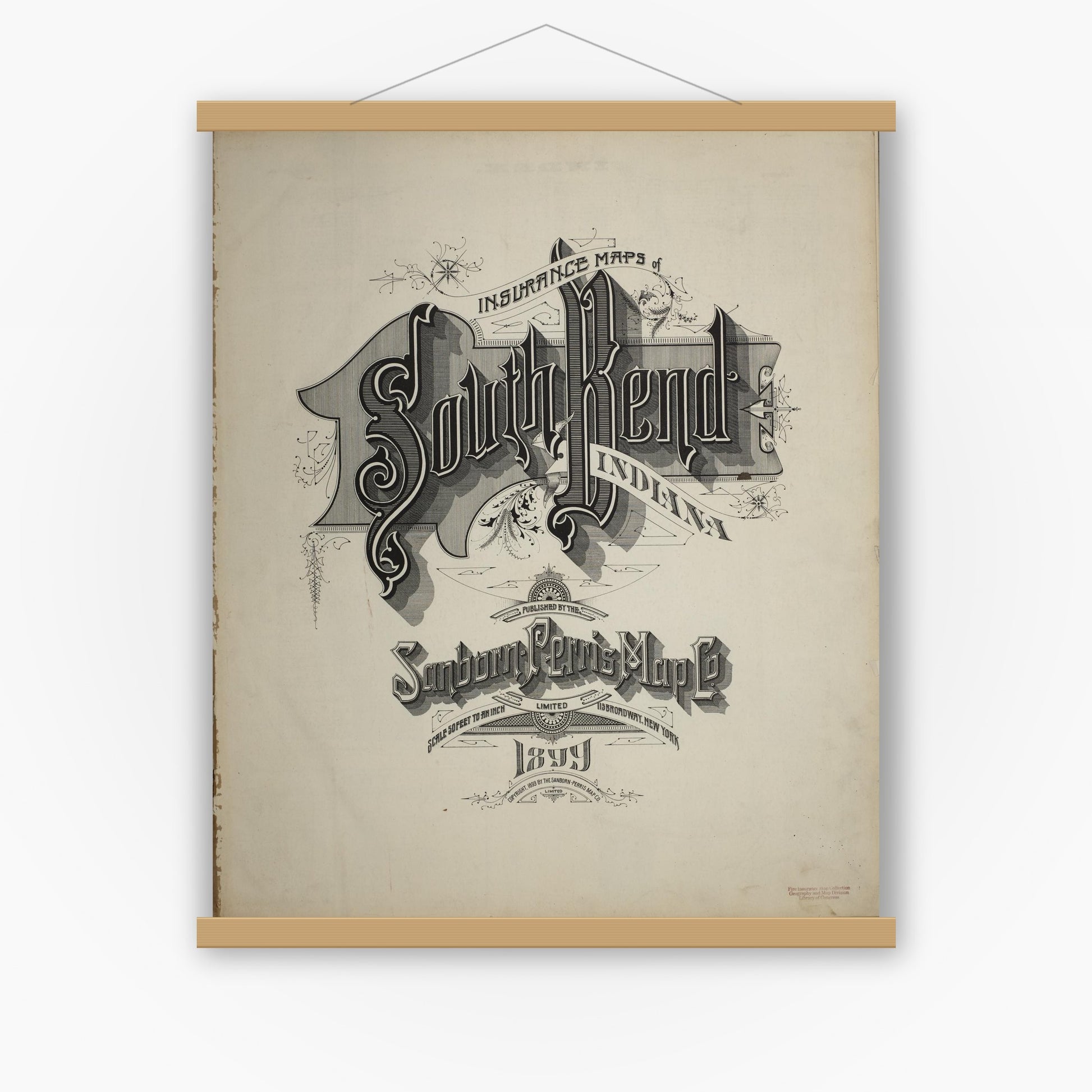 Old map wall art mockup — magnetic wood frame on white wall — Sanborn Fire Insurance Map from South Bend, Saint Joseph County, Indiana (1899), Sheet #0001